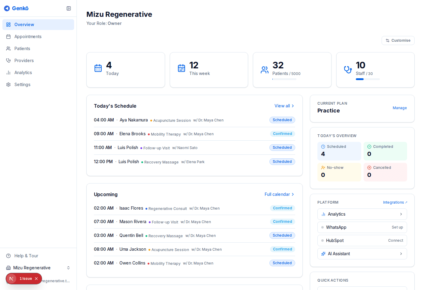 Dashboard overview showing stats and upcoming appointments