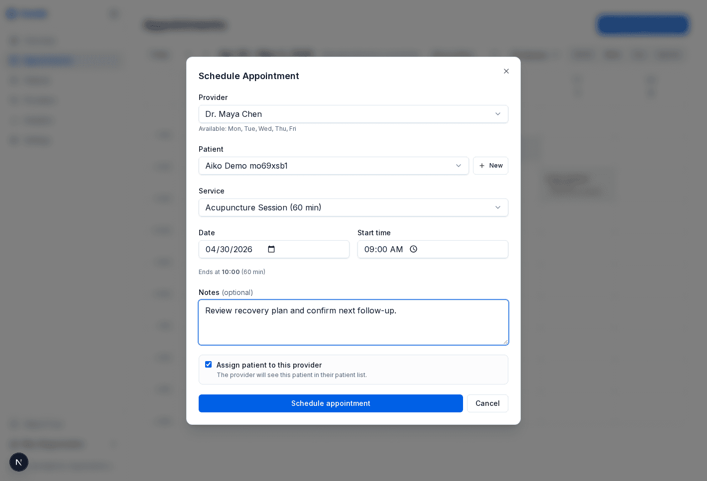 New appointment dialog with patient, provider, service, and time fields