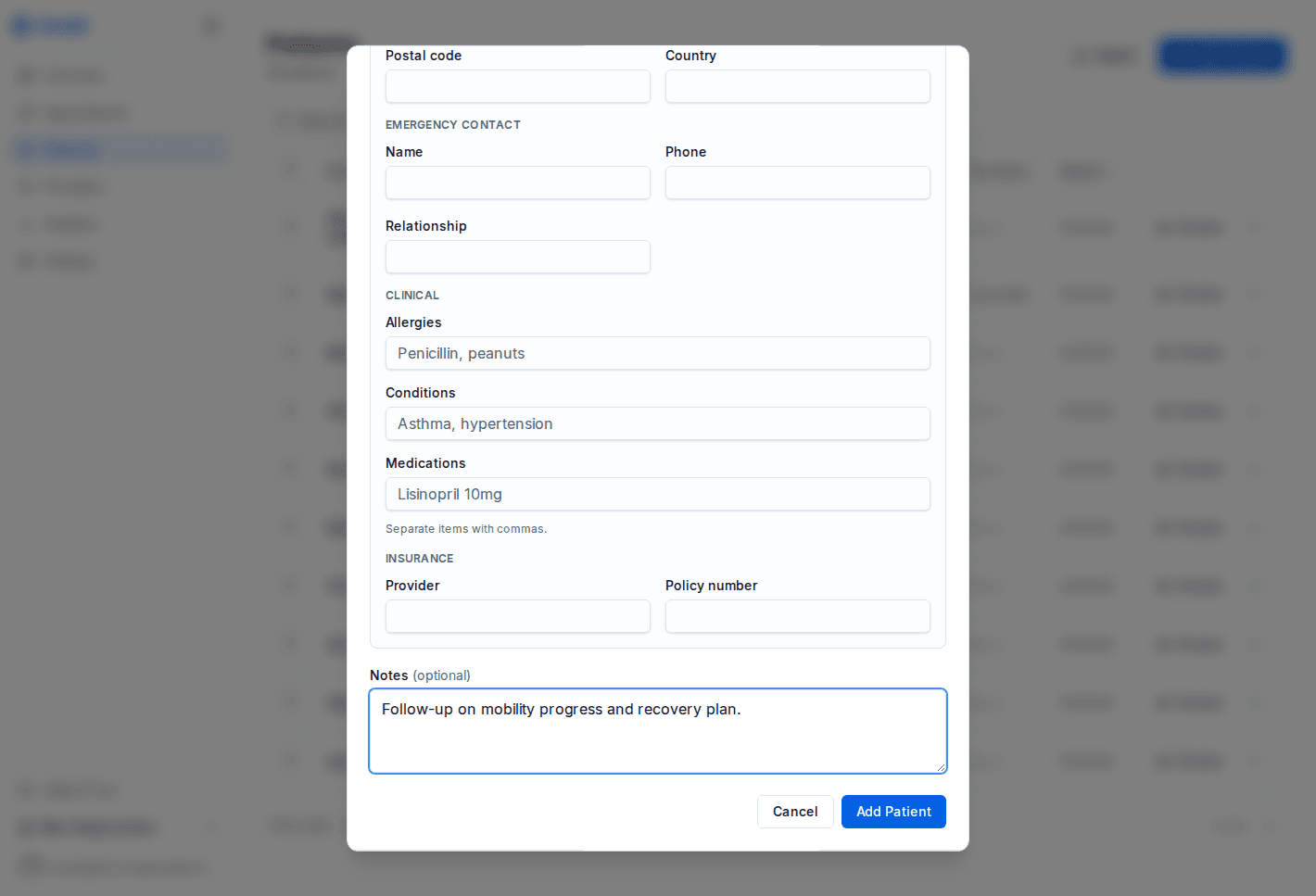 Add patient dialog with name, email, phone, and notes fields