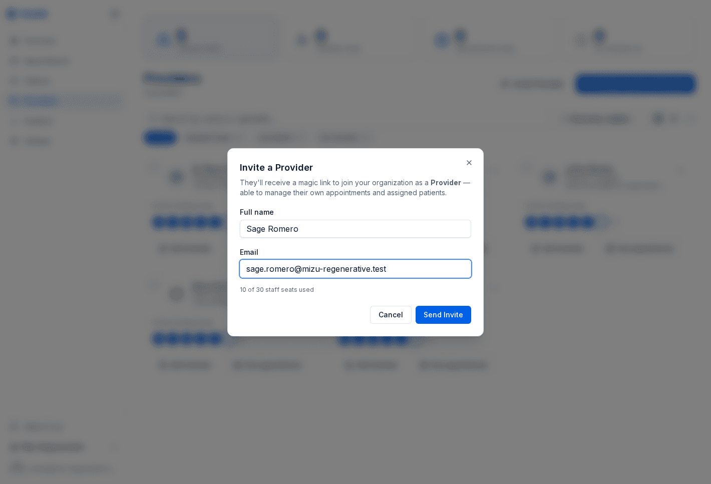 Invite provider dialog with full name and email fields
