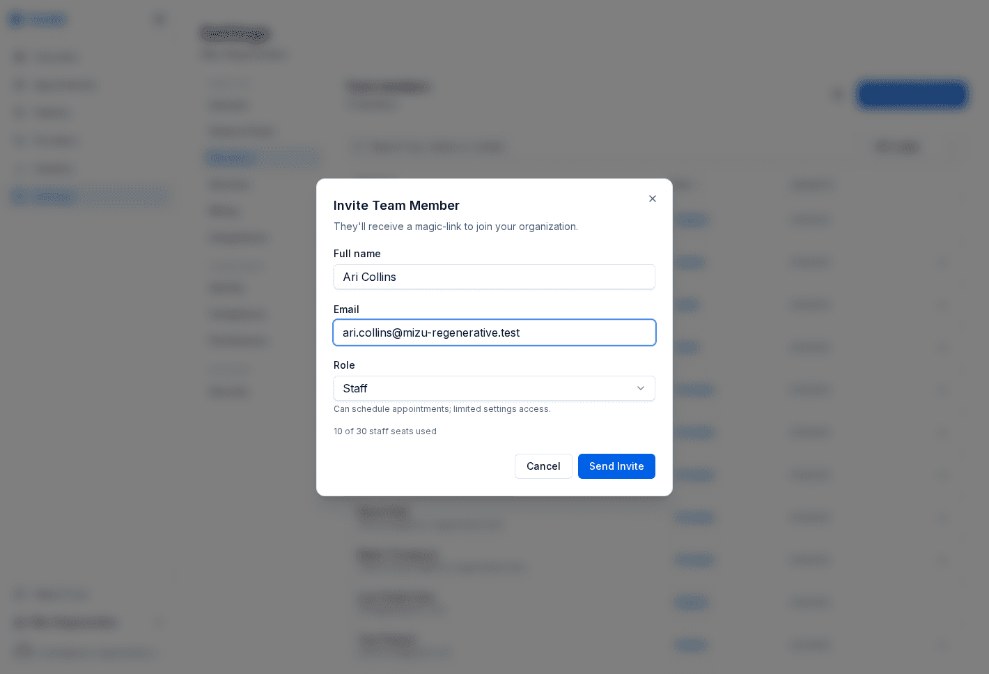 Invite team member dialog with full name, email, and role fields