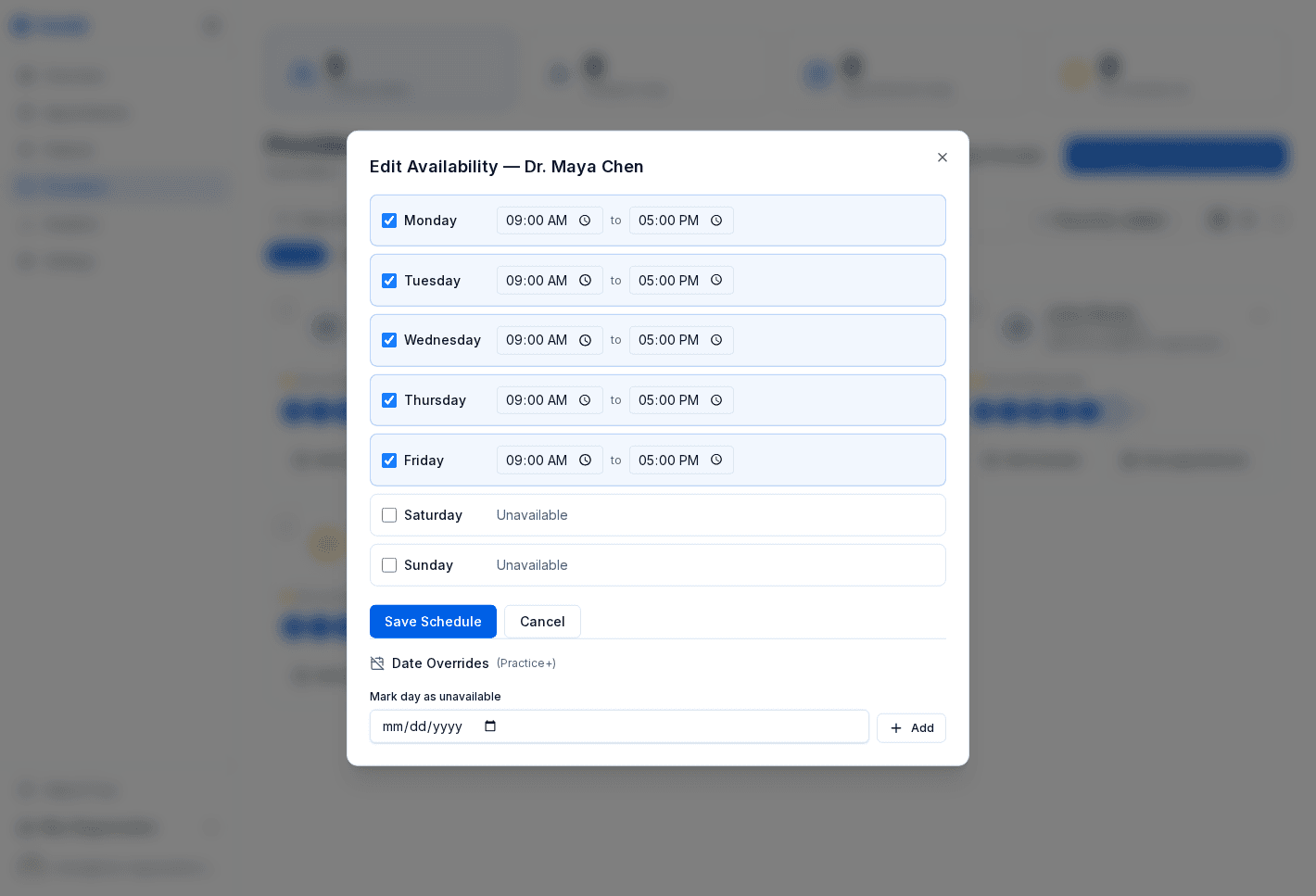 Provider schedule editor with weekday toggles and start and end time fields