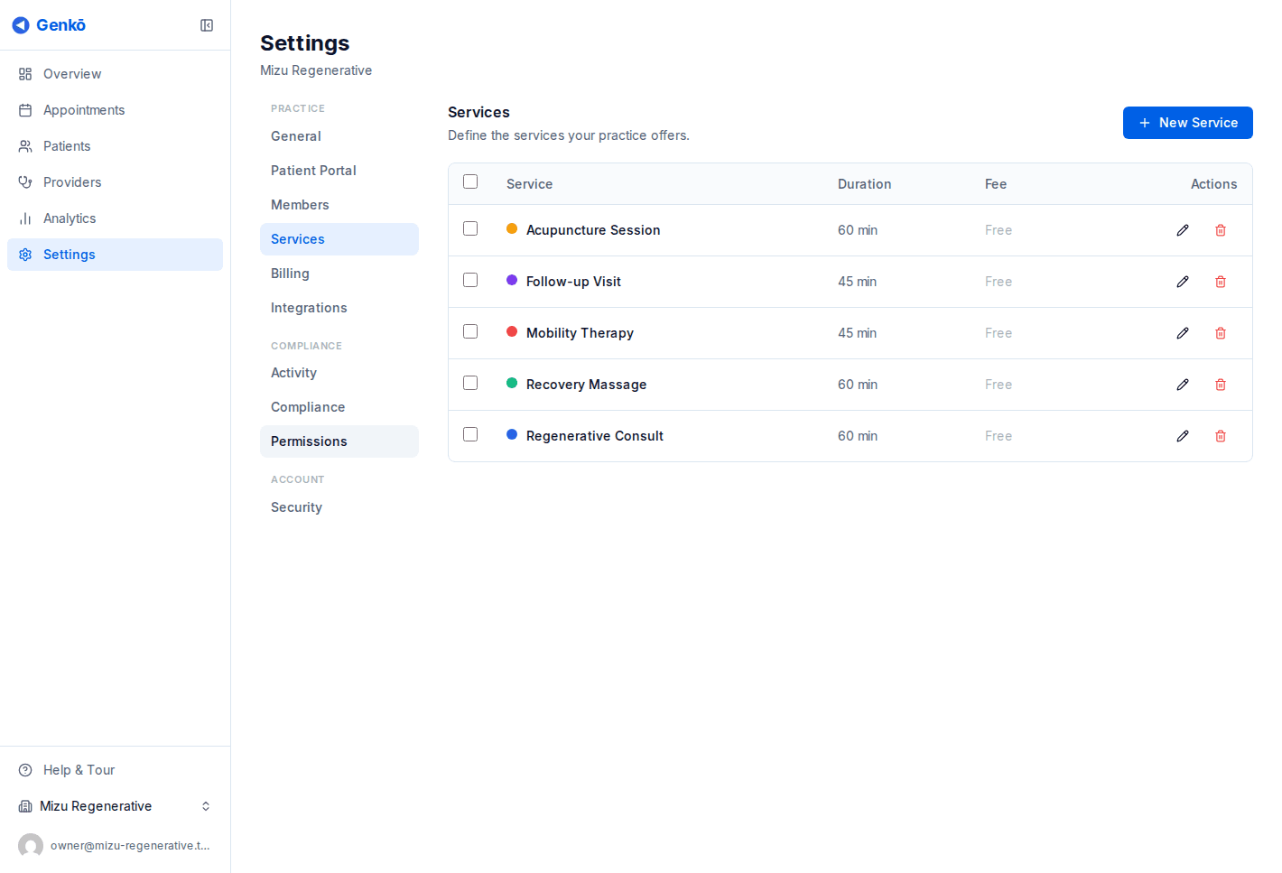 Services page showing appointment types, durations, and add and edit actions