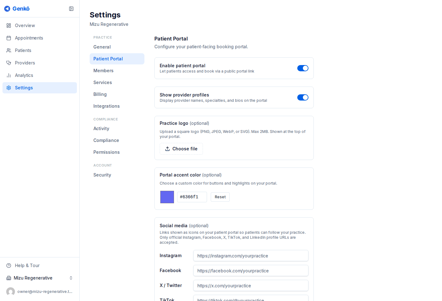 Patient portal settings page with enable toggle and public booking URL