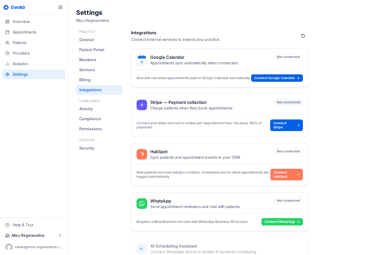 Integrations page showing the Google Calendar connection card