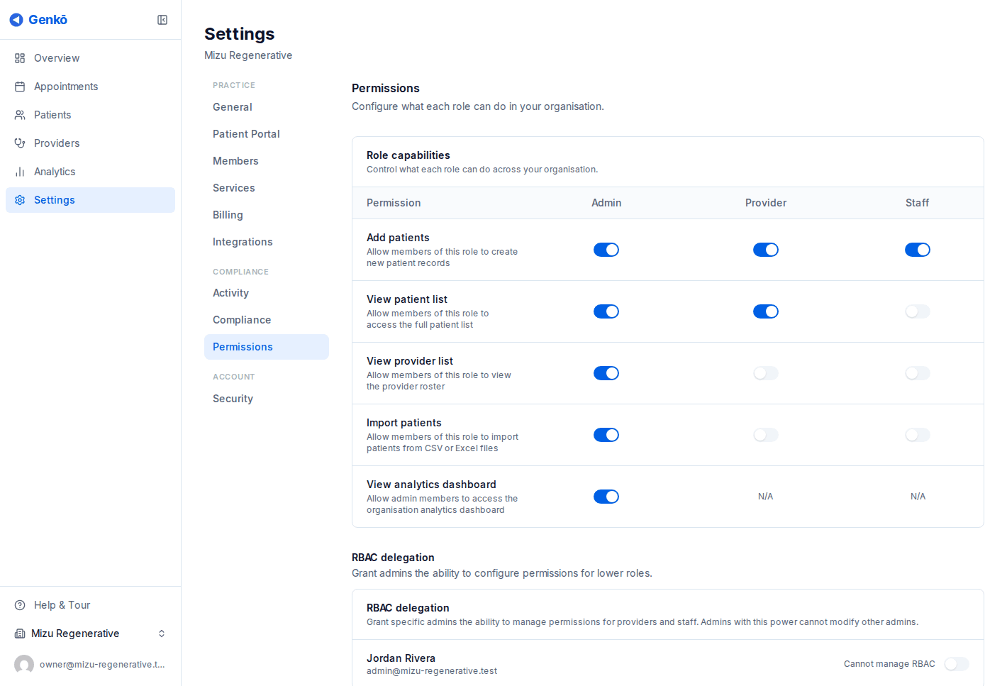 Permissions page showing role matrix and RBAC delegation settings